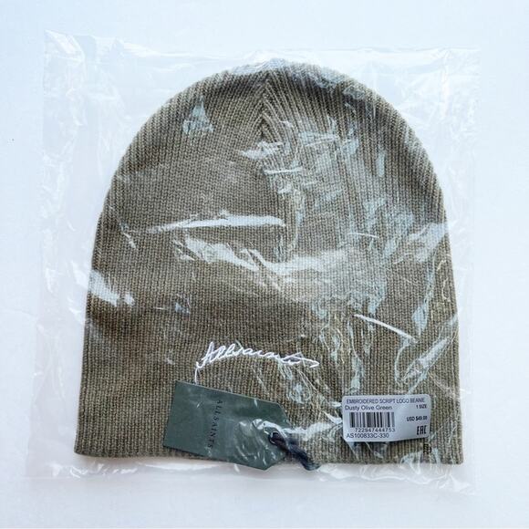 AllSaints Embroidered Script Logo Beanie in Dusty Olive Green - Picture 2 of 3